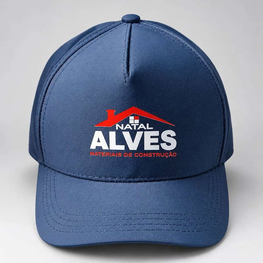 Boné azul com logo de loja de materiais de construção